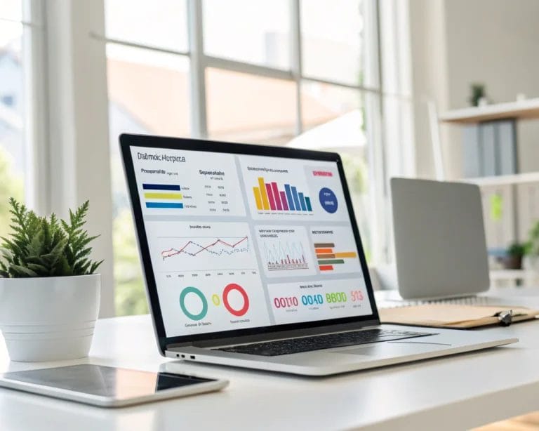 How to Analyze Mobile User Engagement and Retention Using SimplifyAnalytics Features 5 Brightly lit mobile analytics dashboard displaying engagement metrics in a modern workspace, with focus on user retention and session duration. Includes a minimalist setup with a closed laptop and potted plant in the background.