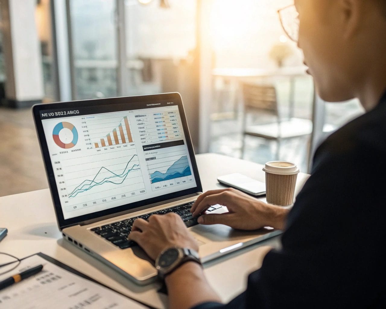 A digital marketer analyzes analytics data on a laptop screen displaying graphs and charts in a modern office. The atmosphere is highlighted by backlighting around the screen, which showcases cookie-free analytics tracking.