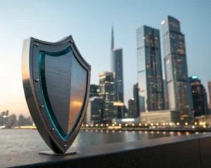 A futuristic digital privacy shield symbol set against a colorful city skyline, showcasing a modern design that emphasizes protection and trust in web analytics.