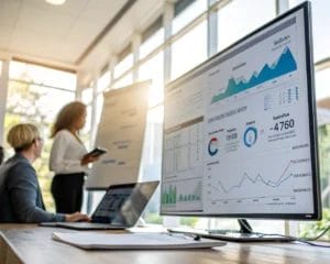 A user behavior analytics dashboard displayed on a large screen in a bright digital marketing office, showcasing various metrics like session length and churn rate, with the surrounding area softened and blurred to emphasize the analytics data.