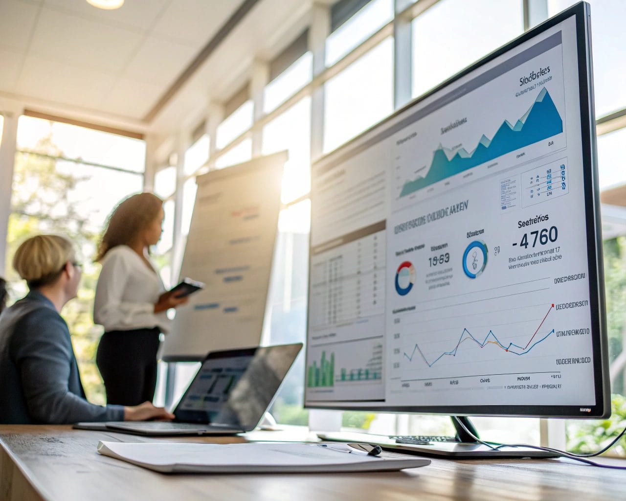 A user behavior analytics dashboard displayed on a large screen in a bright digital marketing office, showcasing various metrics like session length and churn rate, with the surrounding area softened and blurred to emphasize the analytics data.