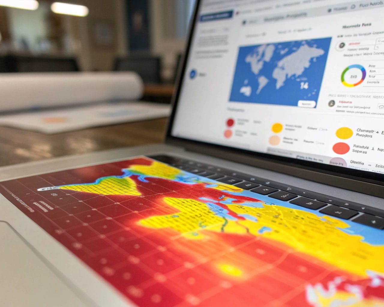 A vivid heatmap of a webpage showing colorful patterns of user interactions with a blurred website interface in the background, conveying analytical insight.