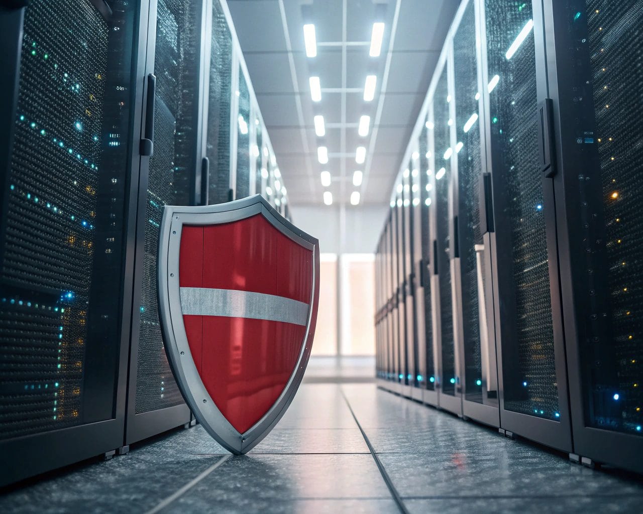 Cinematic image of a digital privacy shield symbol in metallic texture, illuminated against a background of binary code, representing data protection and encryption.