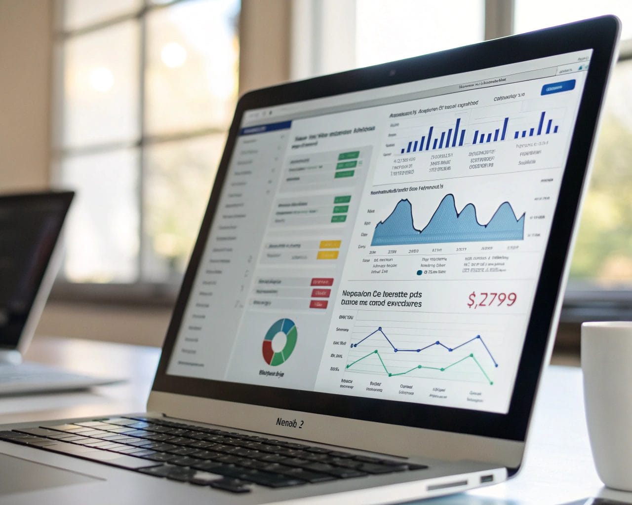 A modern analytics dashboard with colorful graphs and charts focused on privacy and data protection, set in a clean workspace with natural lighting.
