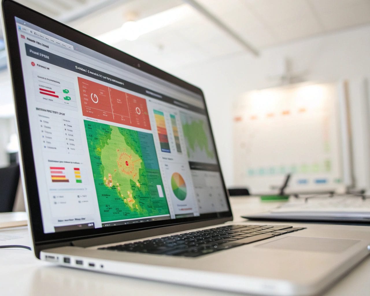 A vivid heatmap visualization on a computer screen in an office, showing colorful engagement data with green and red zones, illuminated by soft lighting, capturing detailed patterns.
