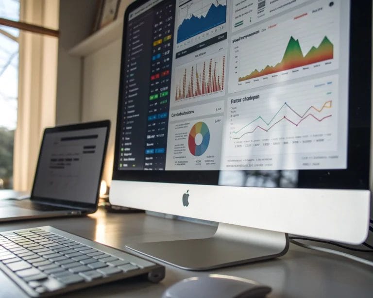 How to Measure User Engagement with SimplifyAnalytics: Tips to Analyze User Behavior Data and Improve Retention 7 A computer screen in a modern workspace showing colorful analytics data visualizations, including heatmaps and session replays, with a sleek desk and sharp lighting creating defined shadows.
