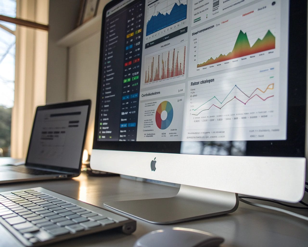 How to Measure User Engagement with SimplifyAnalytics: Tips to Analyze User Behavior Data and Improve Retention 1 A computer screen in a modern workspace showing colorful analytics data visualizations, including heatmaps and session replays, with a sleek desk and sharp lighting creating defined shadows.