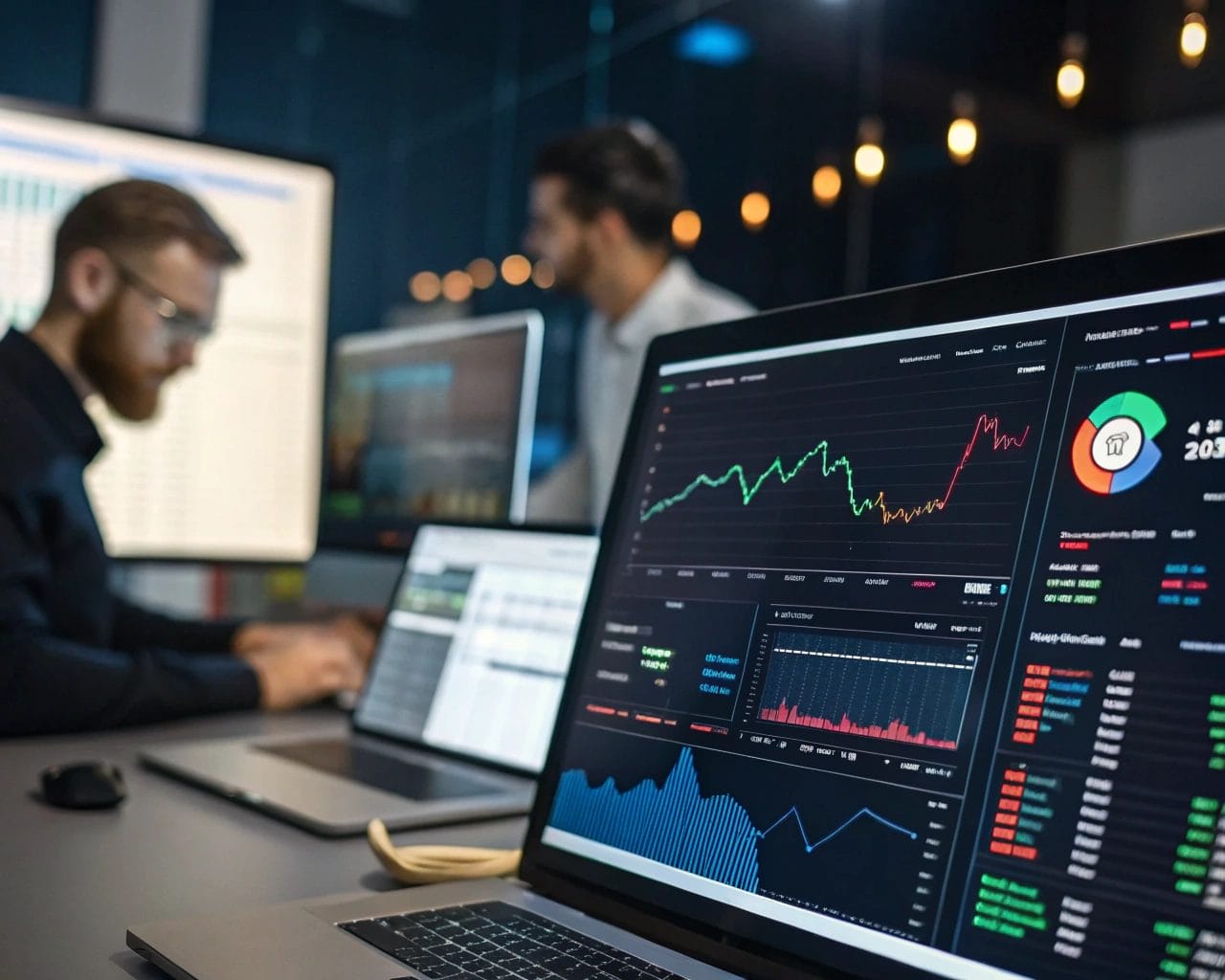 Accelerating Website Performance with Analytics: How to Improve Website Load Time with SimplifyAnalytics Insights 1 An office scene featuring a digital dashboard with dynamic charts and graphs representing website speed analytics. The foreground is sharp, concentrating on the analytics interface, while the background remains blurred to enhance focus on the data.