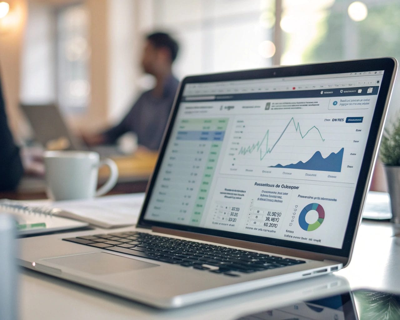 A computer screen displaying a cookie-free analytics dashboard with graphs and metrics. The background is a blurred office environment, and the lighting is soft and diffused, emphasizing the clarity of the information presented.