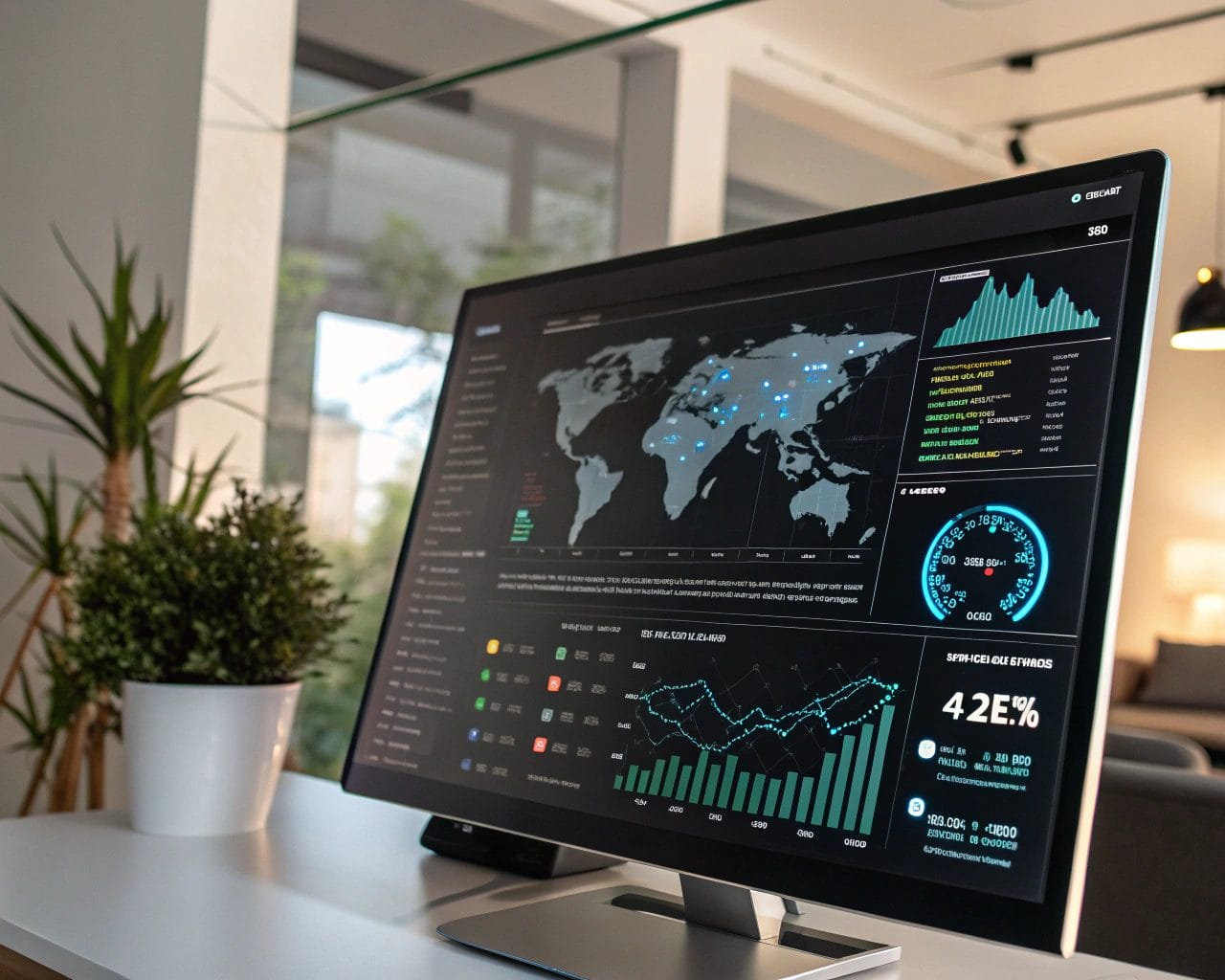 Step-by-Step Guide to Migrate Analytics Data from SimplifyAnalytics to EcoAnalytics 1 A modern digital interface displaying EcoAnalytics with various graphs, charts, and a world map in a contemporary office setting, surrounded by a potted plant and minimal decor.