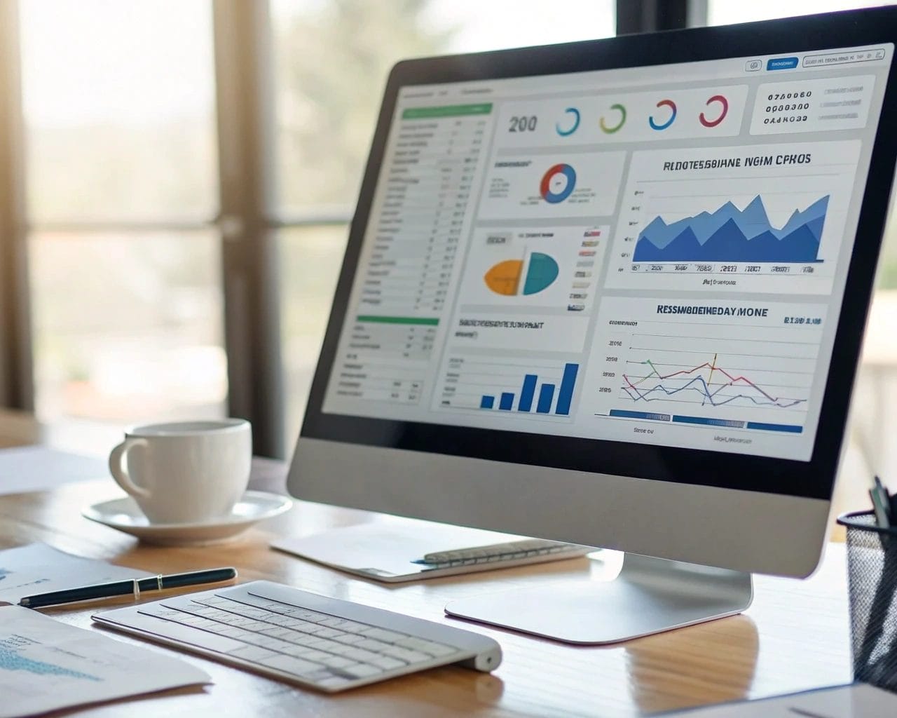 Computer screen displaying a digital analytics dashboard with graphs, charts, and heatmaps on a desk with notes and a coffee mug, illuminated by soft light.