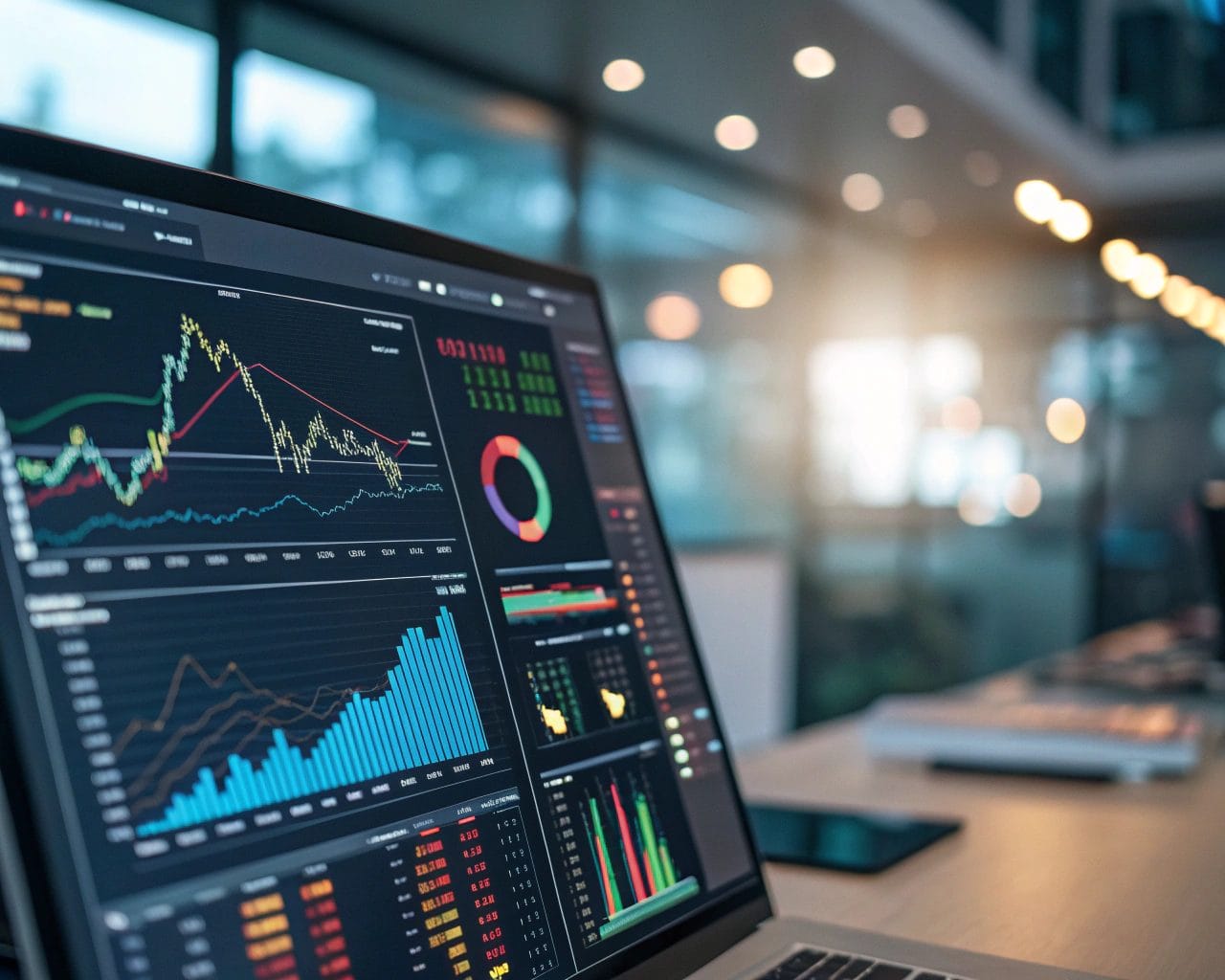A high-tech digital dashboard displaying various colorful data visualizations such as graphs and charts, set in a modern office environment with ambient lighting.