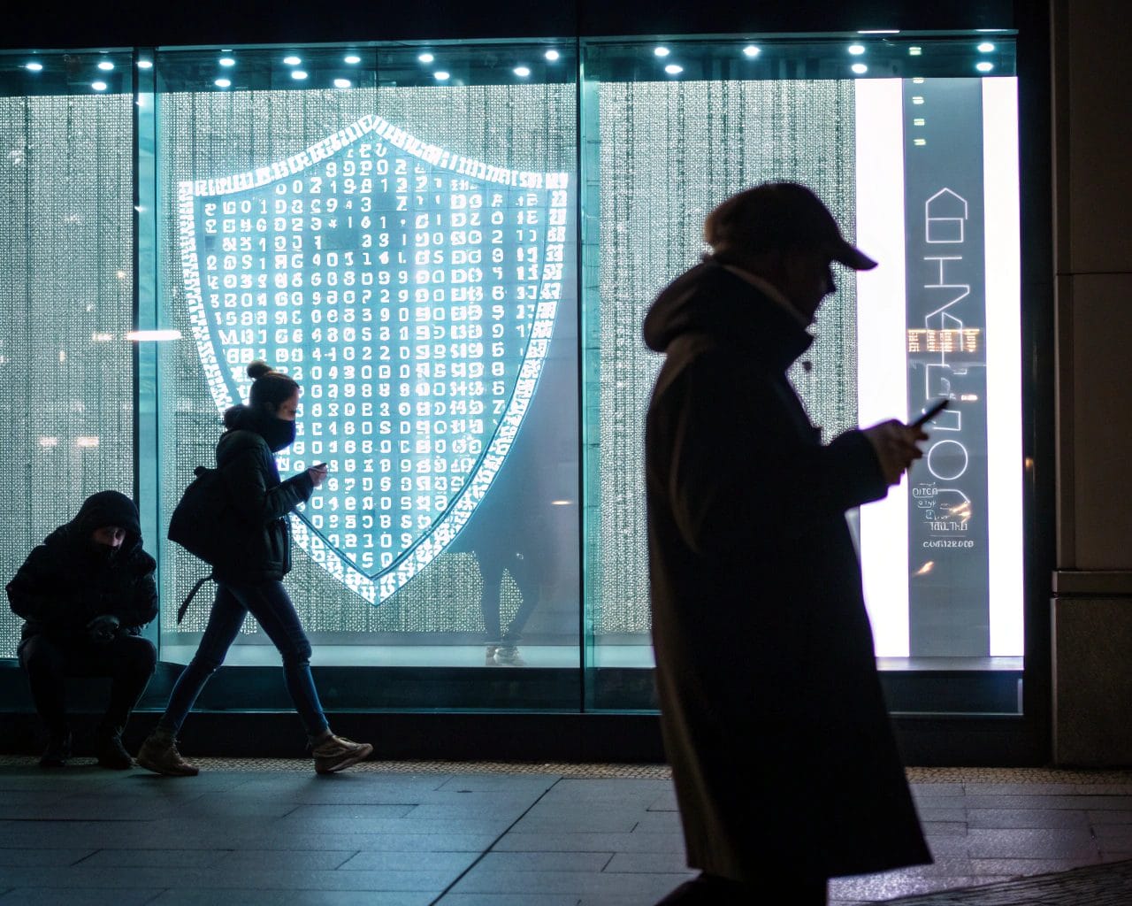 Cinematic image of a digital privacy shield forming from abstract data bits around a digital storefront, showcasing themes of innovation and security in e-commerce.