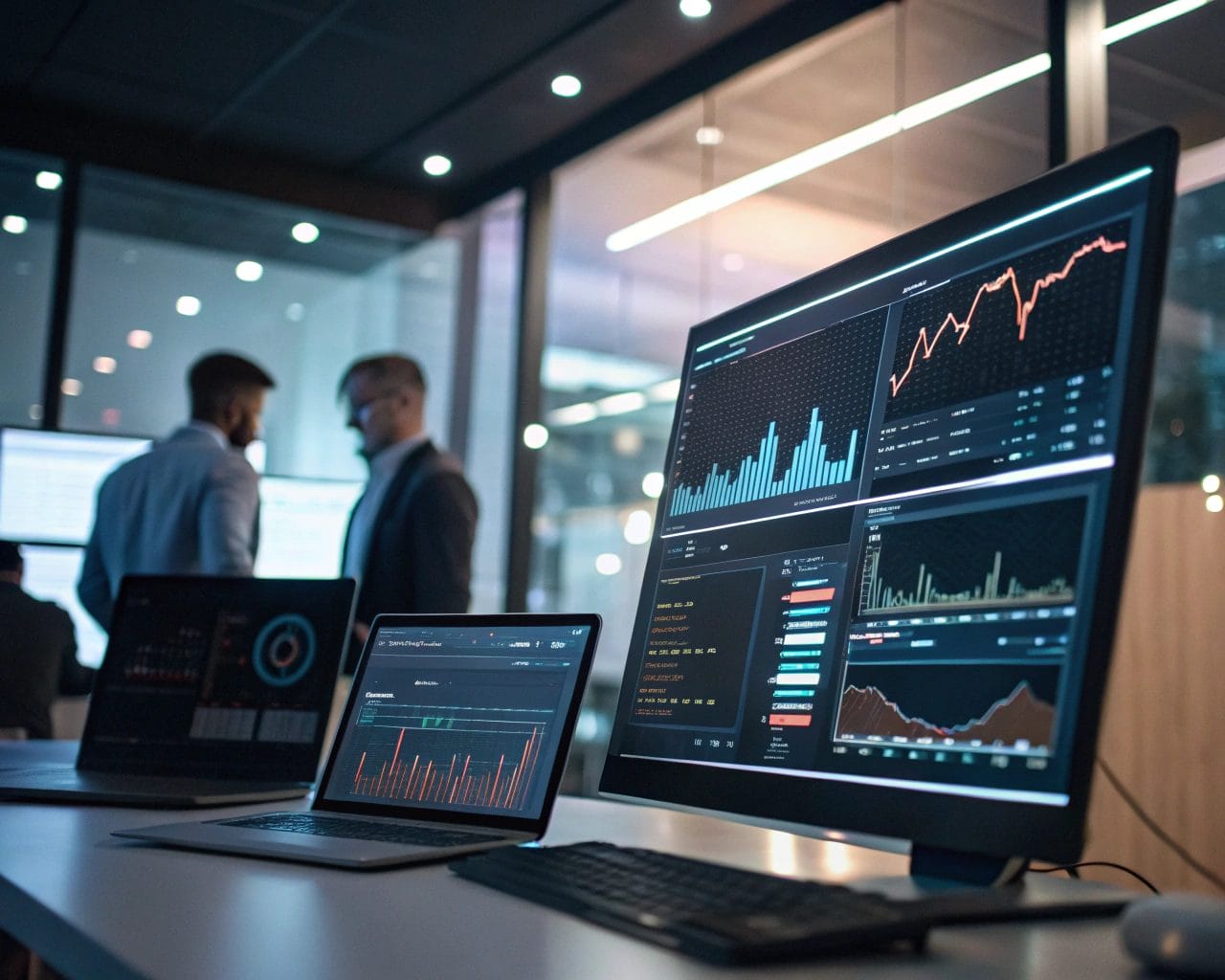Advanced mobile analytics tools displayed on sleek digital screens in a modern office, featuring vibrant charts and graphs illuminated by ambient lighting.