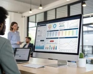 A sleek data analytics dashboard displayed in a modern office, featuring clear graphs and user metrics, illuminated by soft backlighting in an off-center composition with negative space.