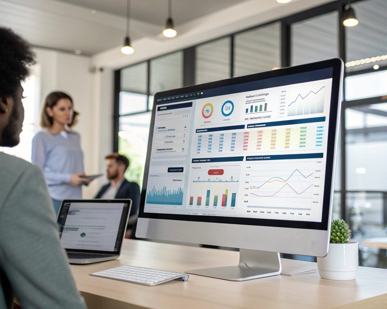 A sleek data analytics dashboard displayed in a modern office, featuring clear graphs and user metrics, illuminated by soft backlighting in an off-center composition with negative space.