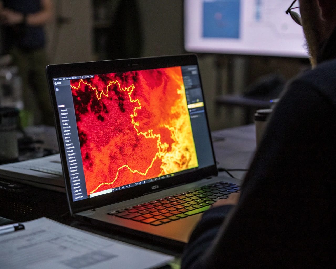 Step-by-Step Heatmap Implementation Guide for UX Optimization and Behavior Tracking 1 A computer screen showcasing a vivid heatmap with bright colors indicating user interaction in a dark room setting, creating a strong contrast that emphasizes data visualization.