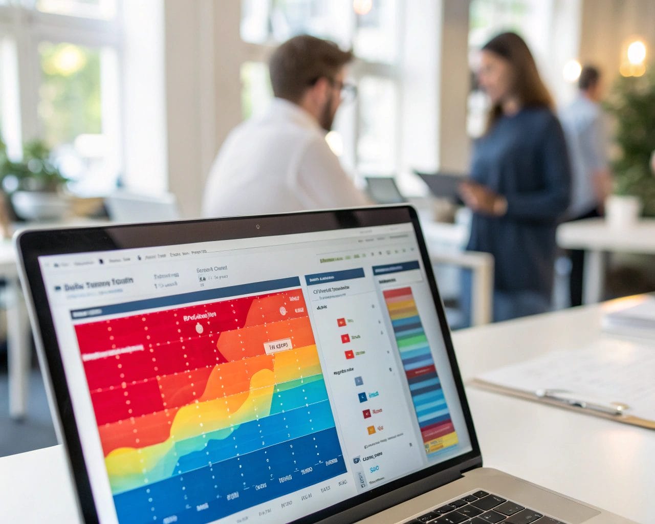 Step-by-Step Heatmap Analysis Guide to Improve User Experience and Website Engagement 1 Heatmap display on a computer screen in a modern office, highlighting website engagement analytics with color gradients from red to blue, representing varying levels of engagement.