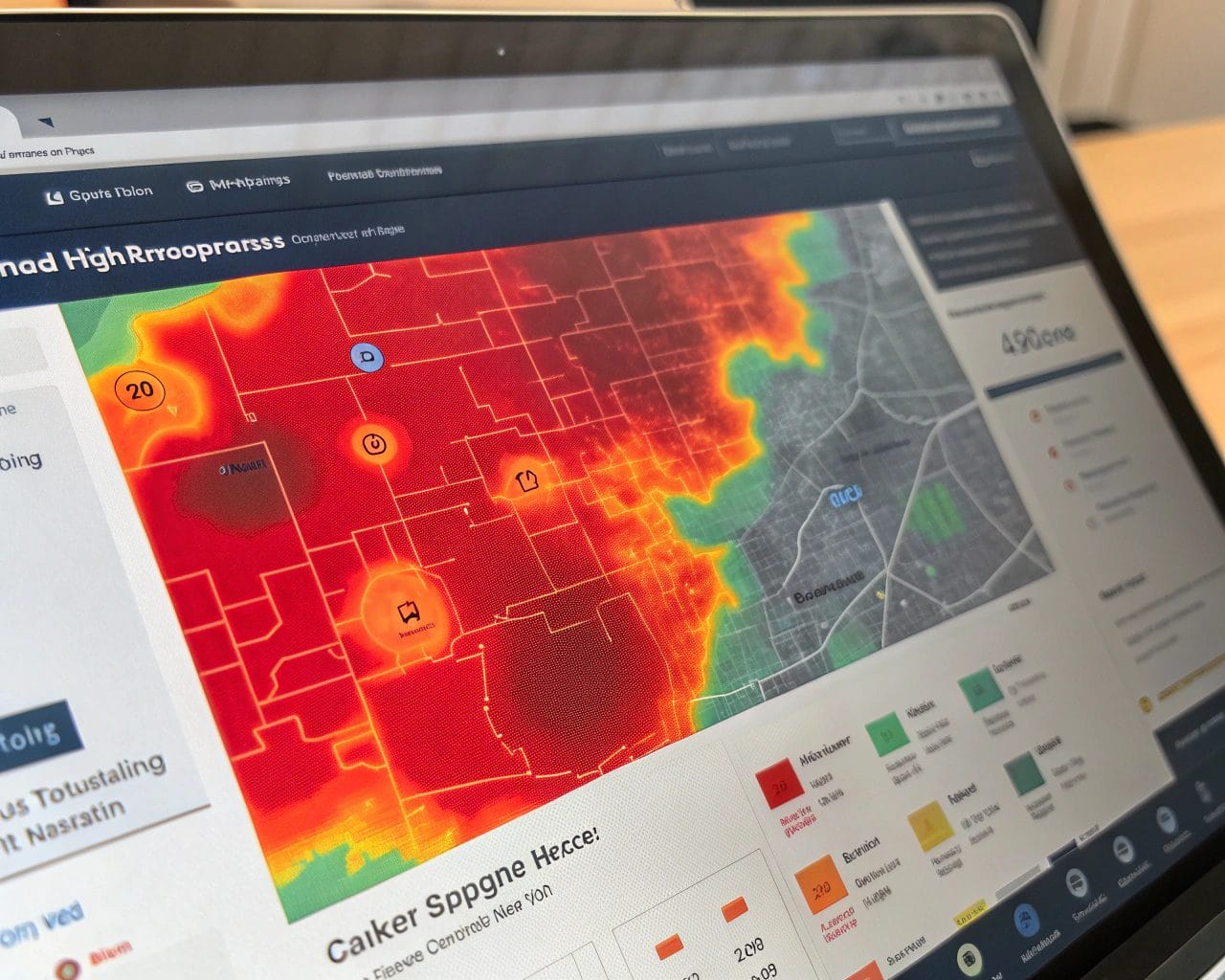A colorful heatmap overlay on a digital webpage, showcasing areas of high user engagement in red and orange, and low engagement in blue and green, with sharp shadows accentuating the design.