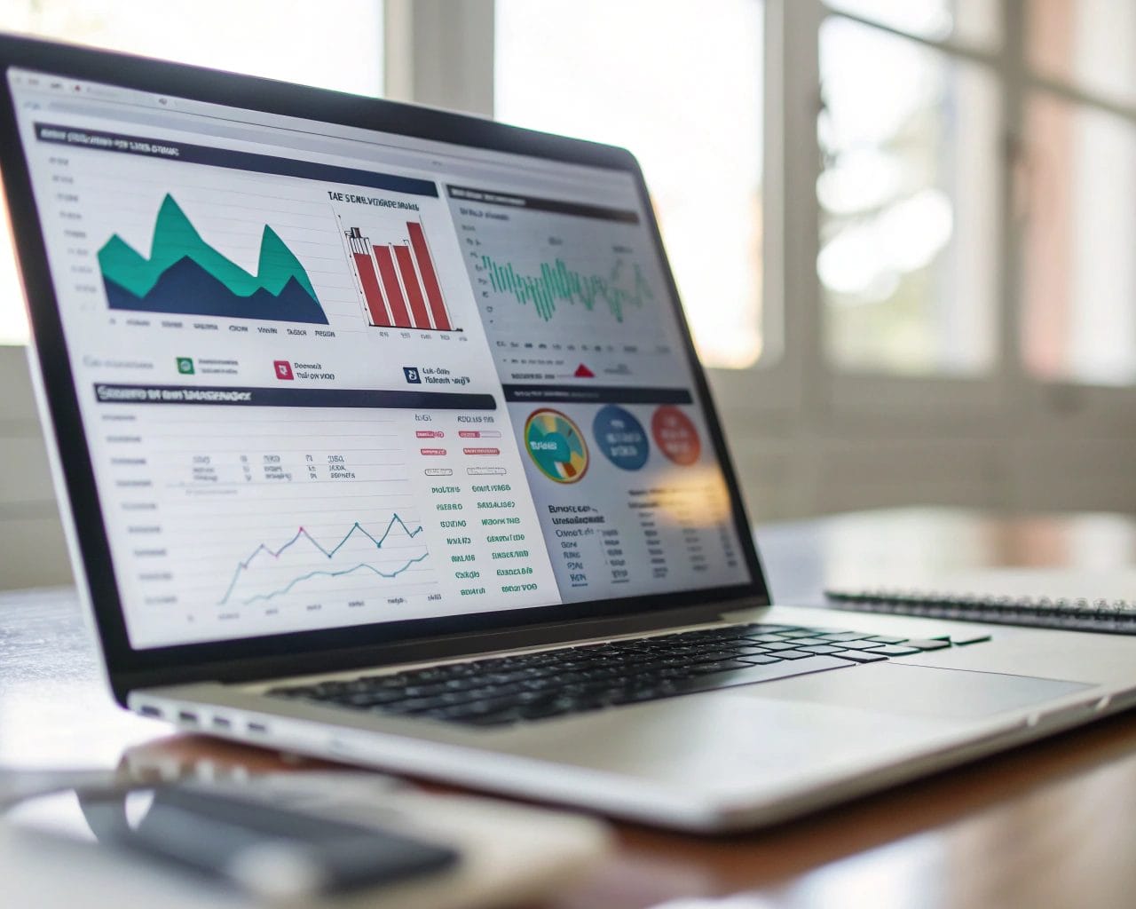 A computer screen showcasing a colorful A/B testing dashboard on an office desk. The dashboard features various graphs and metrics in sharp colors, illuminated by soft lighting. A keyboard is partially seen, with the composition emphasizing the dashboard with negative space.