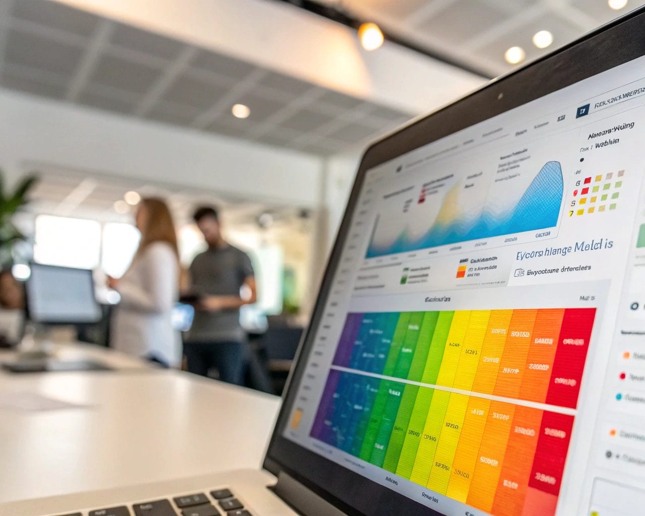 Improve User Experience Using Heatmaps: Understanding User Engagement Through Click Tracking Tools and UX Analytics 1 Heatmap interface on a computer screen displaying vibrant colors to indicate user engagement on a webpage, set against a modern office backdrop with diffused lighting.