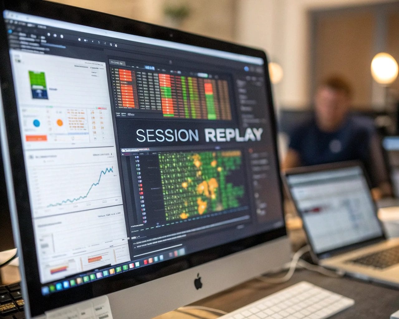 How to Analyze User Behavior with Session Replays for UX Optimization in 2025 1 Computer screen in an office displaying session replay software with heatmaps. Focus on detailed user interaction data and colorful patterns. Subtle clock icon indicates real-time analysis.