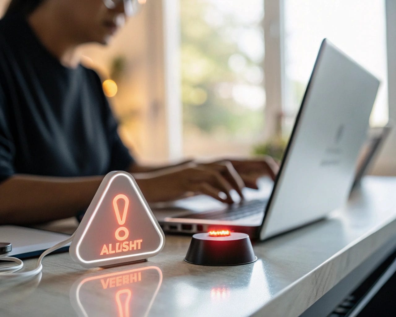 Creating Custom Real-Time Data Alerts in SimplifyAnalytics for Effective Event Tracking 1 A glowing notification alert icon on a sleek computer screen in a modern desk setup, with a blurred background and a figure of a person interacting with the computer.