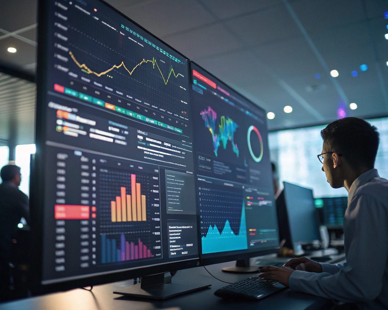 Large digital dashboard displaying colorful graphs and charts in a modern office environment, illustrating data analysis platform migration. The foreground focuses on the dashboard while the background remains blurred, emphasizing the transition to digital transformation.