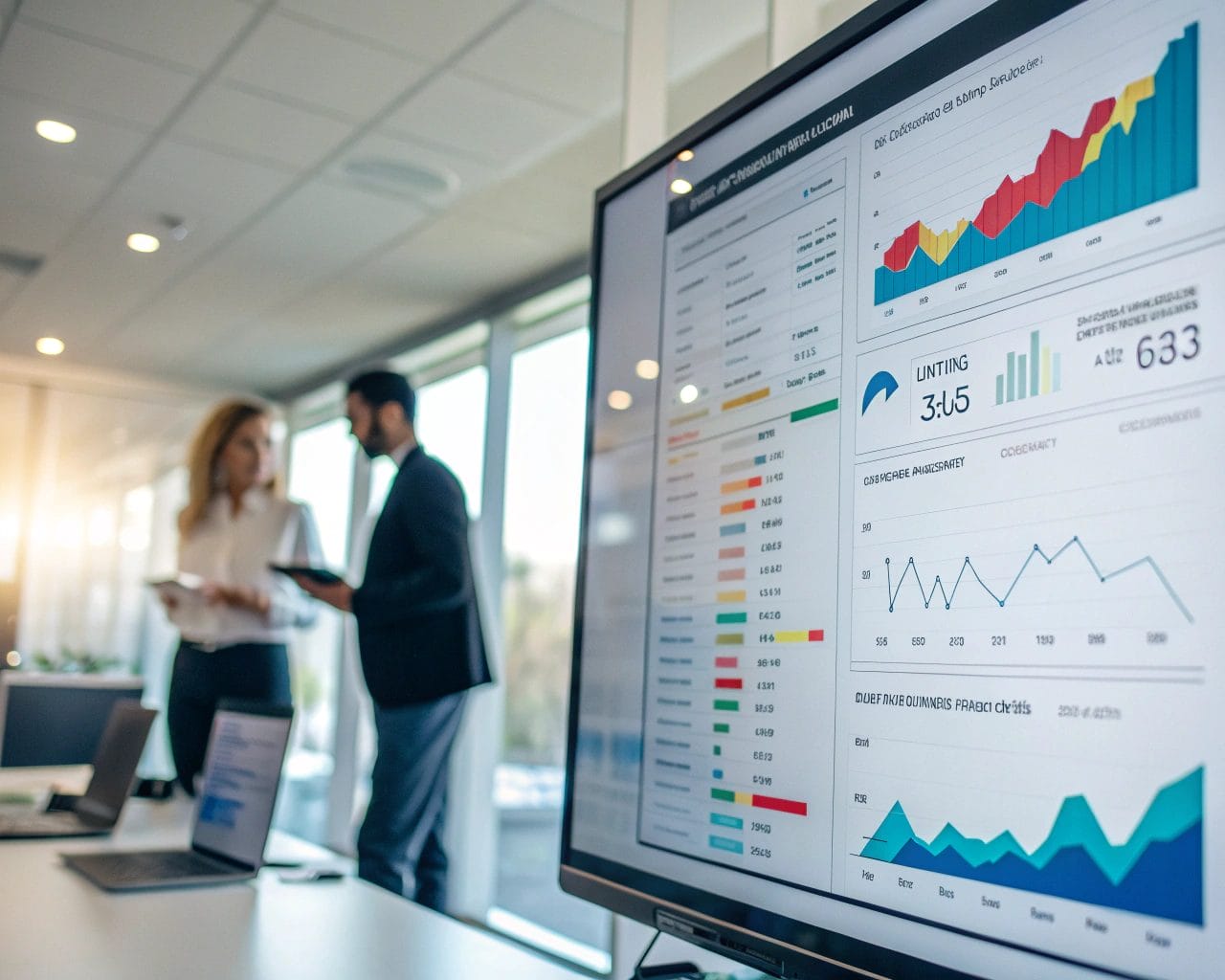Large screen displaying an interactive digital analytics dashboard with key metrics; modern office background blurred for focus.