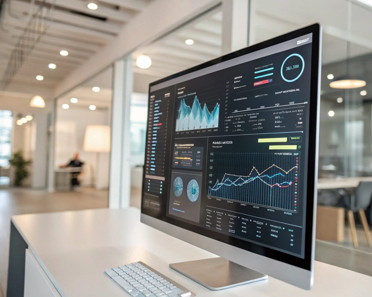 A sleek screen displaying a futuristic analytics dashboard in a minimalist office. The dashboard features detailed graphs and vibrant data visualizations, illuminated by soft, diffused lighting. The environment highlights the focus on privacy and compliance, with a clean and precise design.