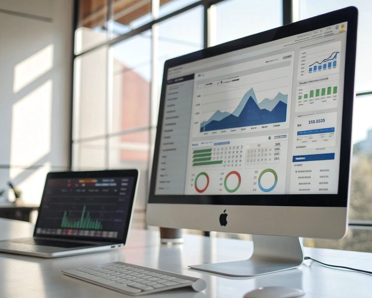 Future-Proof Digital Analytics in 2025: Embracing Cookie-Less Tracking and Privacy-Compliant Strategies 1 Computer screen with a modern analytics dashboard, displaying graphs and data points related to cookie-less tracking methods in a sleek office environment.