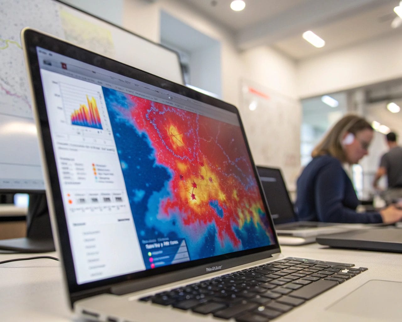 How SimplifyAnalytics Heatmap Analytics Drive UX Improvement and Optimize User Behavior 1 Colorful heatmap on a computer screen in a modern office, displaying website interactions with a gradient from blue to red, indicating user engagement hotspots. The room is well-lit and the composition is symmetrical, emphasizing the details of the heatmap.