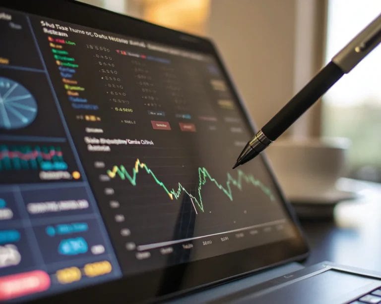 Close-up of a glowing digital analytics panel displaying color-coded tiles and a multi-line retention curve, with a stylus poised over an actionable badge. The setting features minimal dark surfaces and a softly blurred office background, illuminated by atmospheric backlighting for depth and clarity.