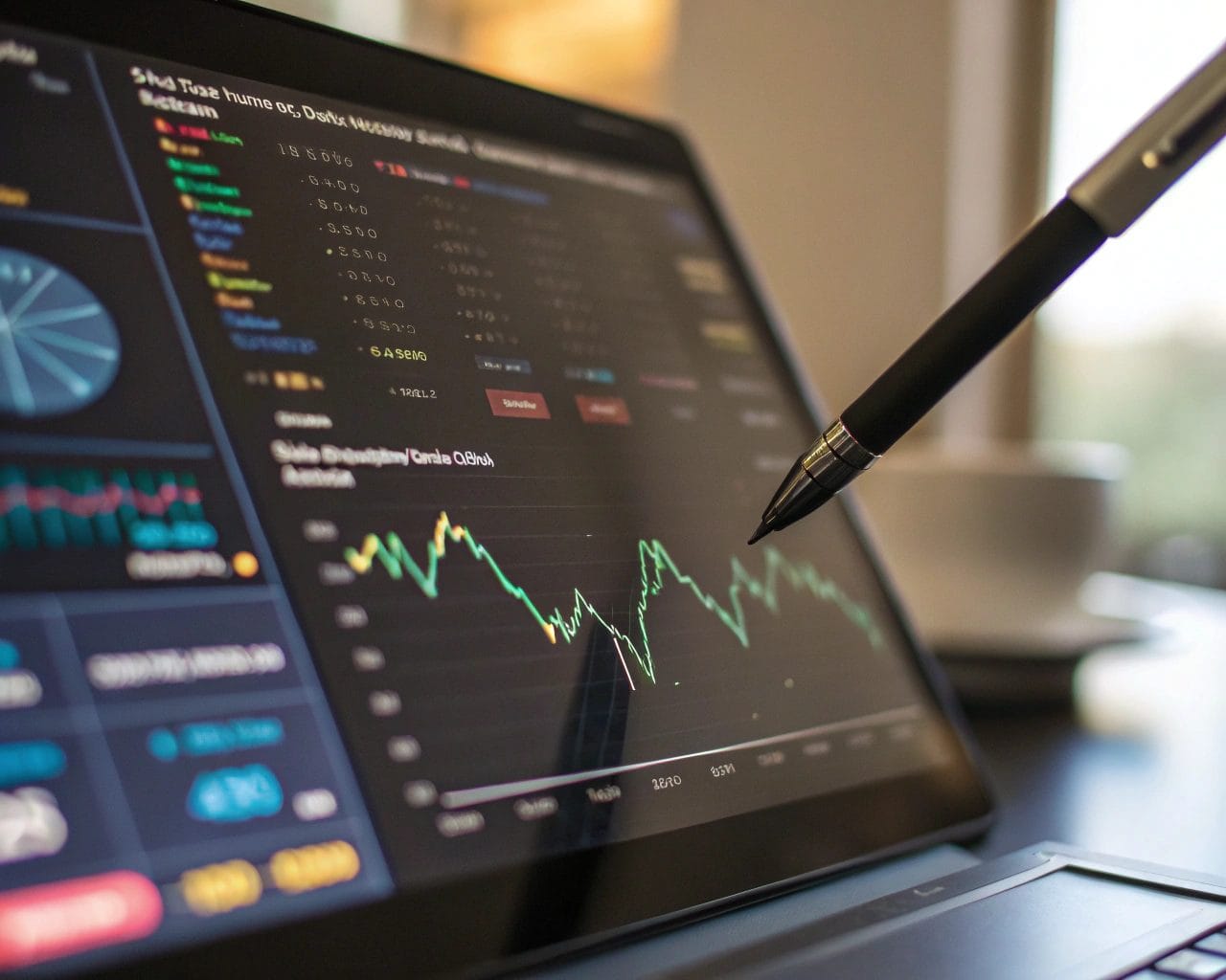 Advanced Behavioral and Lifecycle Segmentation Strategies in SimplifyAnalytics: Implement Predictive Segmentation, Cohort Analysis and Customer Lifecycle Analytics to Improve Retention 1 Close-up of a glowing digital analytics panel displaying color-coded tiles and a multi-line retention curve, with a stylus poised over an actionable badge. The setting features minimal dark surfaces and a softly blurred office background, illuminated by atmospheric backlighting for depth and clarity.