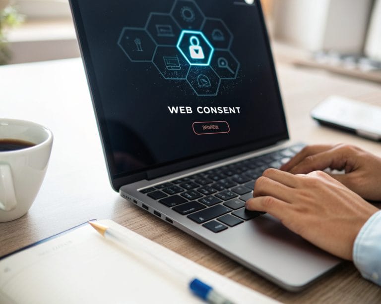 Close-up of a laptop screen showcasing a modern web consent modal with an activated analytics toggle. A holographic consent token in a hexagonal shape is floating above the keyboard. The background is softly blurred, hinting at a tidy office desk with minimal distractions. The scene has atmospheric backlighting and highlights the details of the screen and token.