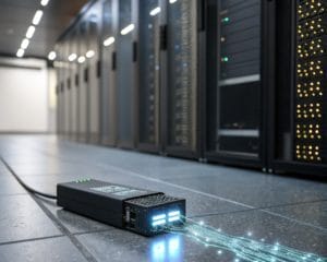 Close-up of a compact, luminescent tracking script module in matte-black casing, emitting glowing data packets in a soft-focused minimalist tech setting with a faint blurred server endpoint in the background.