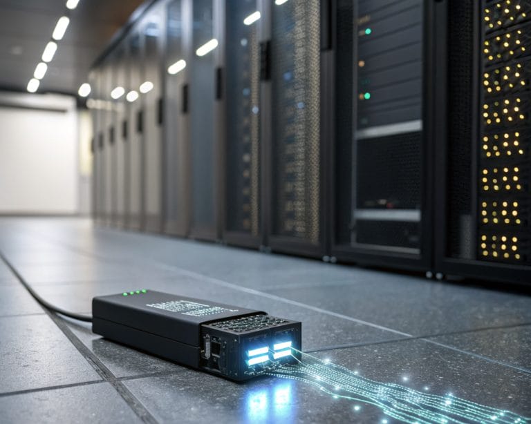 Close-up of a compact, luminescent tracking script module in matte-black casing, emitting glowing data packets in a soft-focused minimalist tech setting with a faint blurred server endpoint in the background.